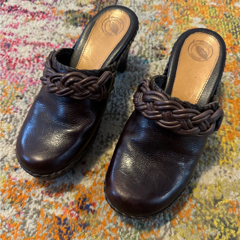 Nurture Brown Leather Clogs With Leather Braid Accent US 7.5